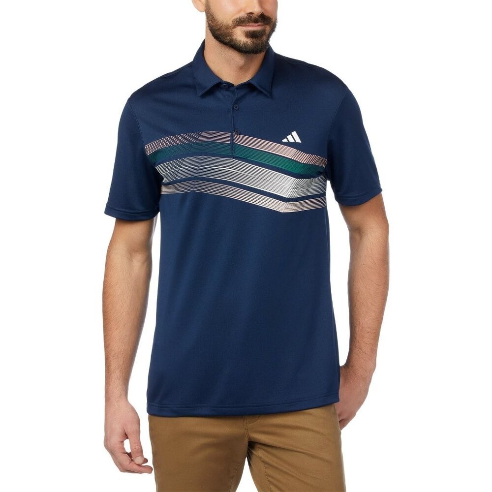 Adidas Men's M Golf Polo Shirt Navy Blue Striped Polyester Short Sleeve n1038